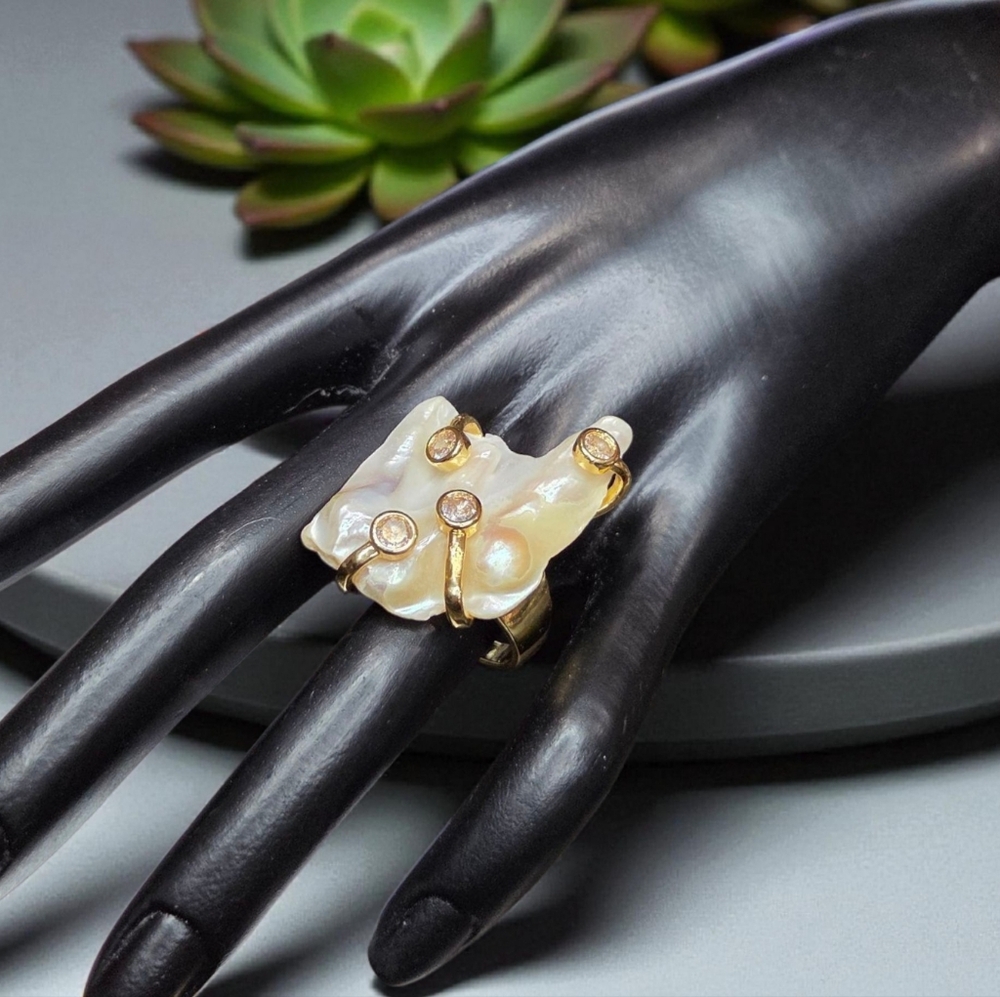 Oversized Biwa Freshwater Pearl Baroque Caged Crystal Gold Plated Ring